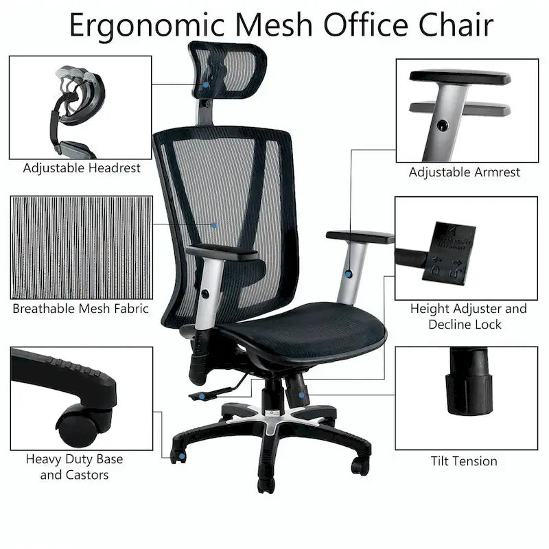 Sedia da ufficio ergonomica ErgoMax Office in rete interamente regolabile in altezza, marrone, con braccioli e poggiatesta, altezza massima 132 cm