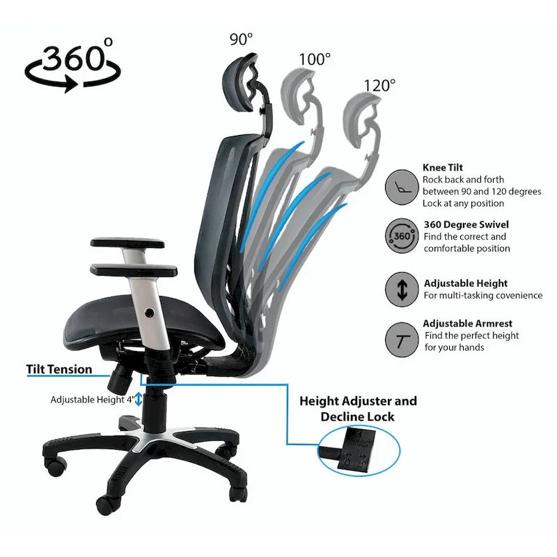 Sedia da ufficio ergonomica ErgoMax Office in rete interamente regolabile in altezza, marrone, con braccioli e poggiatesta, altezza massima 132 cm