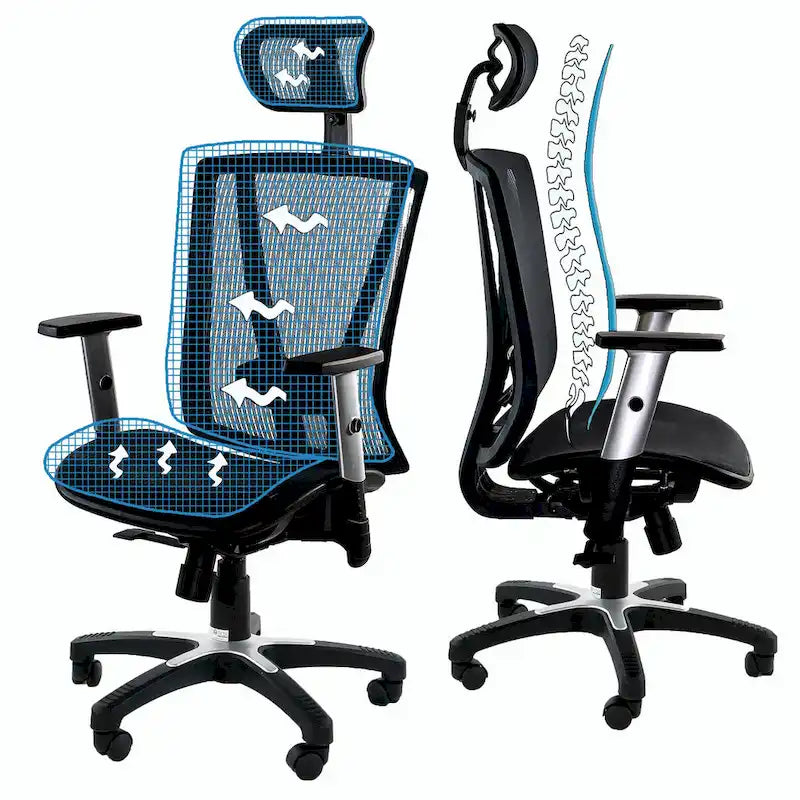 Sedia da ufficio ergonomica ErgoMax Office in rete interamente regolabile in altezza, marrone, con braccioli e poggiatesta, altezza massima 132 cm