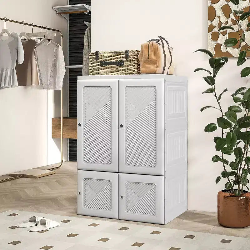 HOMCOM Armadio Portatile, Guardaroba Pieghevole con Scomparti a Cubo, Ante Magnetiche e Facile Montaggio, Bianco