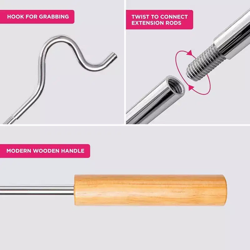 Hold N' Storage - Closet Reacher Pole with Shepherd Hook and Wooden Handle. Adjustable 2.75 to 5 Feet