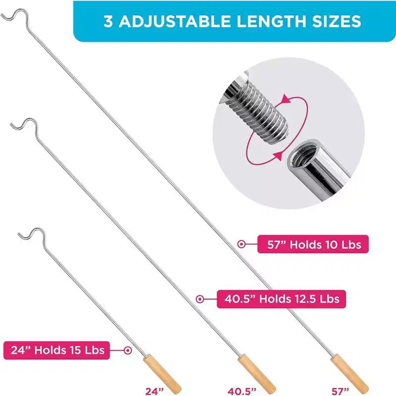 Hold N' Storage - Closet Reacher Pole with Shepherd Hook and Wooden Handle. Adjustable 2.75 to 5 Feet