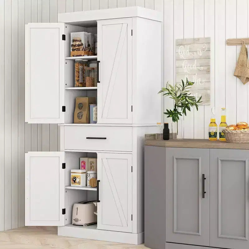 HOMCOM 72 Tall Kitchen Pantry Storage Cabinet, Farmhouse Freestanding Kitchen Cabinet with Barn Doors, Drawer and Adjustable Shelves, White
