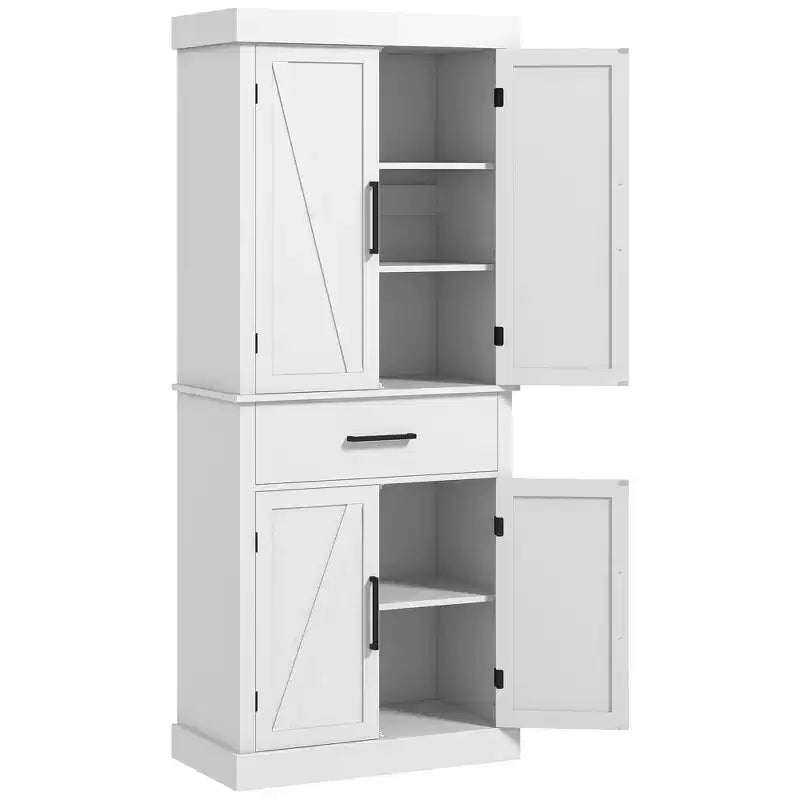 HOMCOM 72 Tall Kitchen Pantry Storage Cabinet, Farmhouse Freestanding Kitchen Cabinet with Barn Doors, Drawer and Adjustable Shelves, White