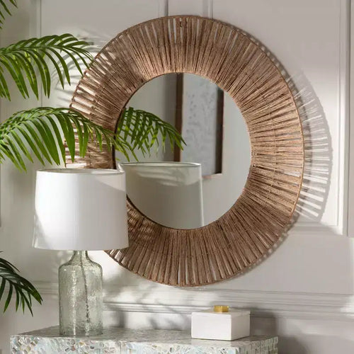 bali & pari Leala Modern Bohemian Metal and Natural Brown Seagrass Accent Wall Mirror
