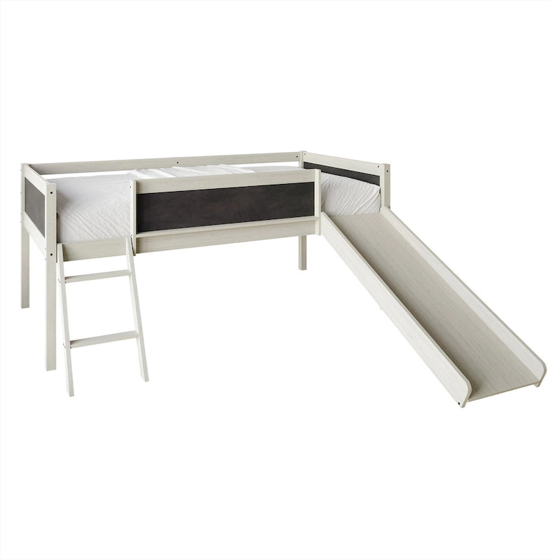 Letto a soppalco basso classico singolo CraftPorch con lavagna, scivolo e scaletta