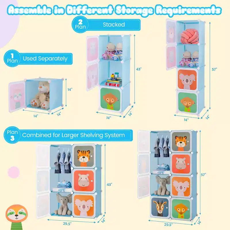 Costway 8-Cube Kids Wardrobe Baby Dresser Bedroom Armoire Clothes Hanging Closet with Doors Blue/Pink/White