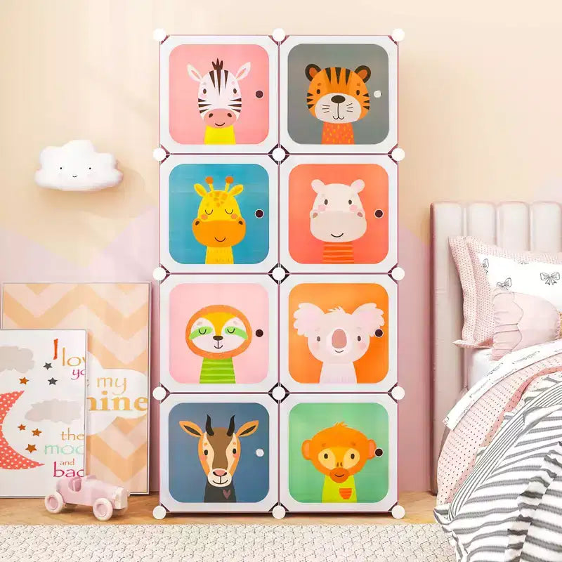 Costway 8-Cube Kids Wardrobe Baby Dresser Bedroom Armoire Clothes Hanging Closet with Doors Blue/Pink/White