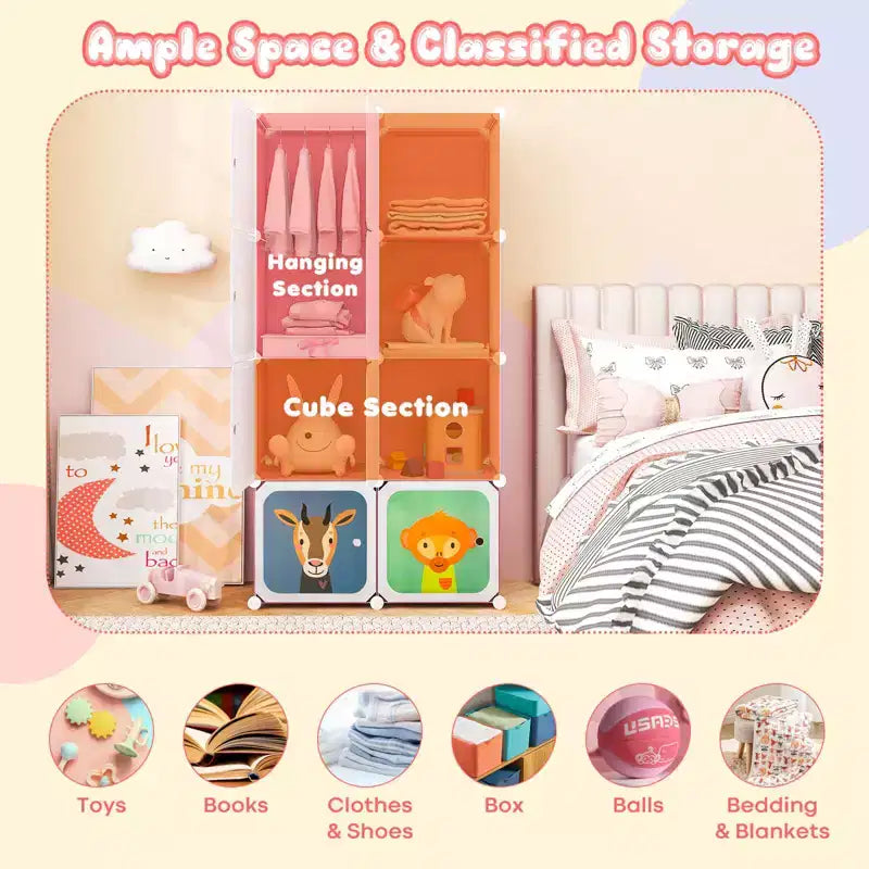 Costway 8-Cube Kids Wardrobe Baby Dresser Bedroom Armoire Clothes Hanging Closet with Doors Blue/Pink/White