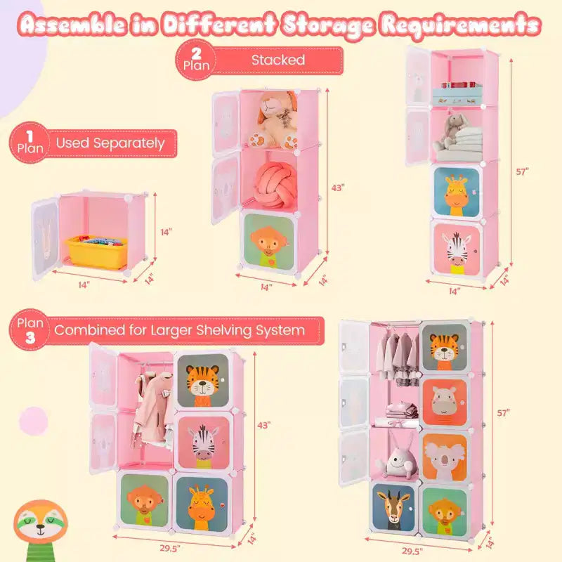 Costway 8-Cube Kids Wardrobe Baby Dresser Bedroom Armoire Clothes Hanging Closet with Doors Blue/Pink/White