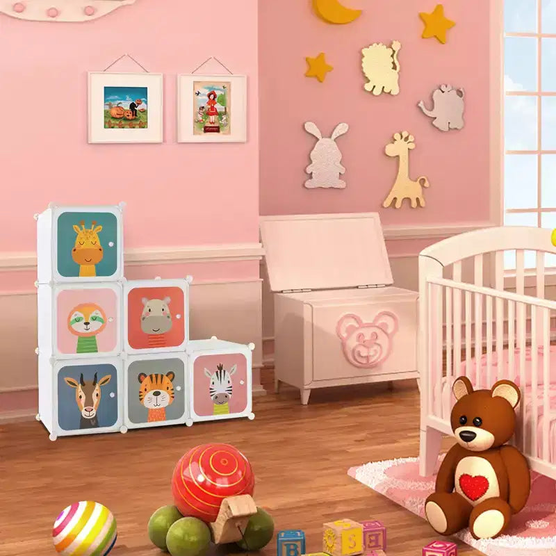 Costway 8-Cube Kids Wardrobe Baby Dresser Bedroom Armoire Clothes Hanging Closet with Doors Blue/Pink/White