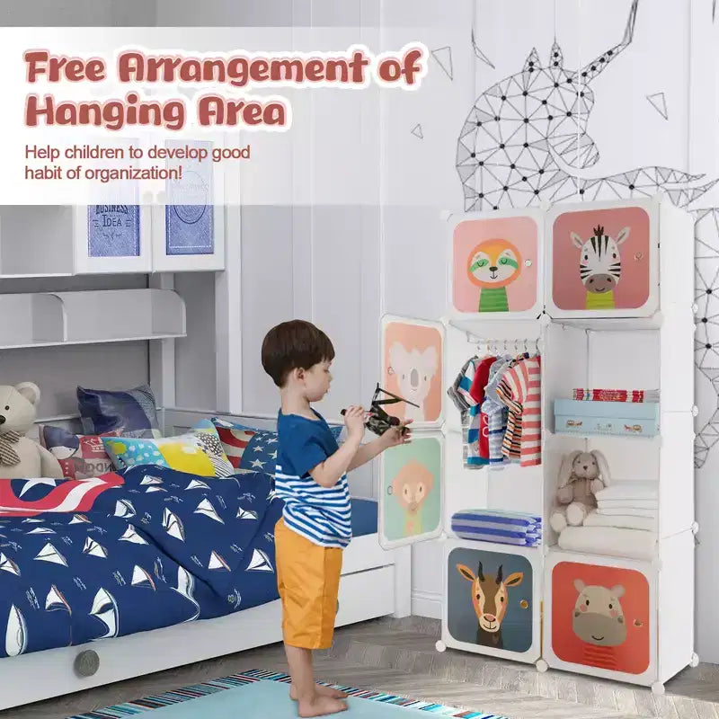 Costway 8-Cube Kids Wardrobe Baby Dresser Bedroom Armoire Clothes Hanging Closet with Doors Blue/Pink/White