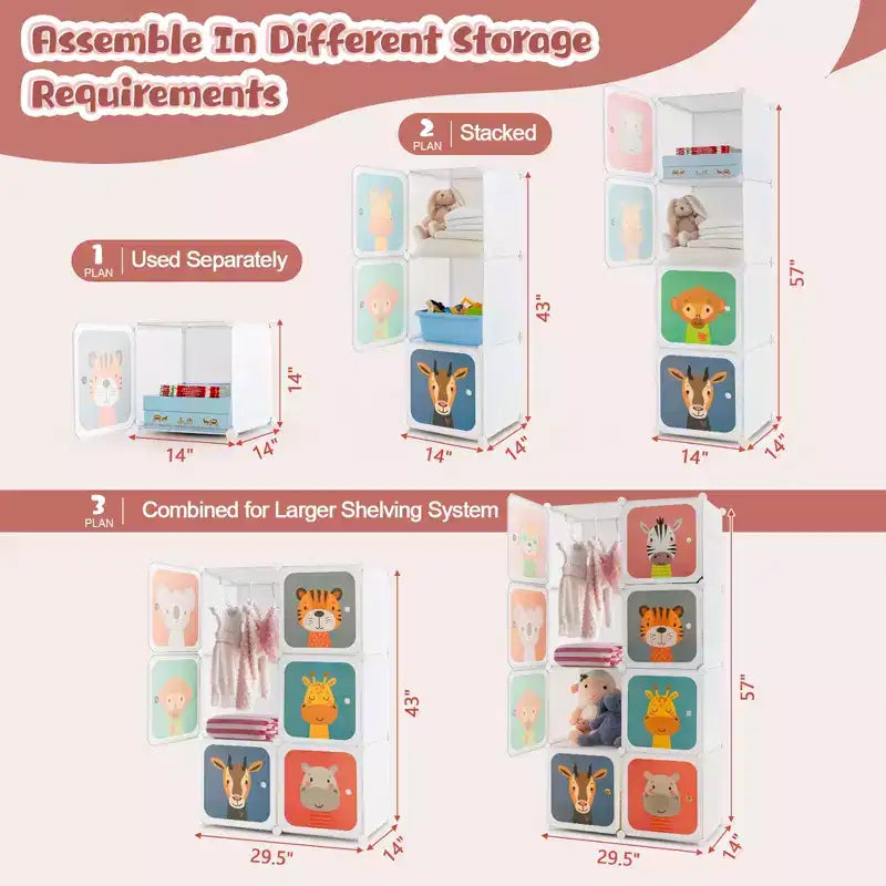 Costway 8-Cube Kids Wardrobe Baby Dresser Bedroom Armoire Clothes Hanging Closet with Doors Blue/Pink/White
