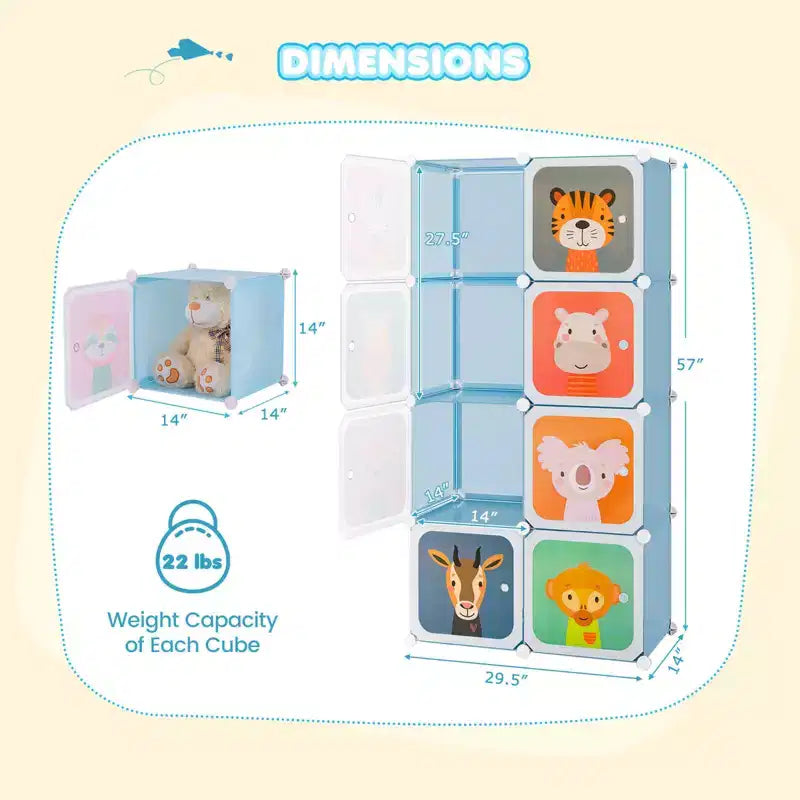 Costway 8-Cube Kids Wardrobe Baby Dresser Bedroom Armoire Clothes Hanging Closet with Doors Blue/Pink/White