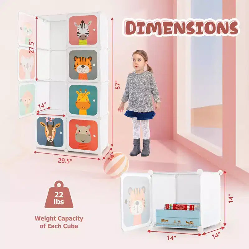 Costway 8-Cube Kids Wardrobe Baby Dresser Bedroom Armoire Clothes Hanging Closet with Doors Blue/Pink/White
