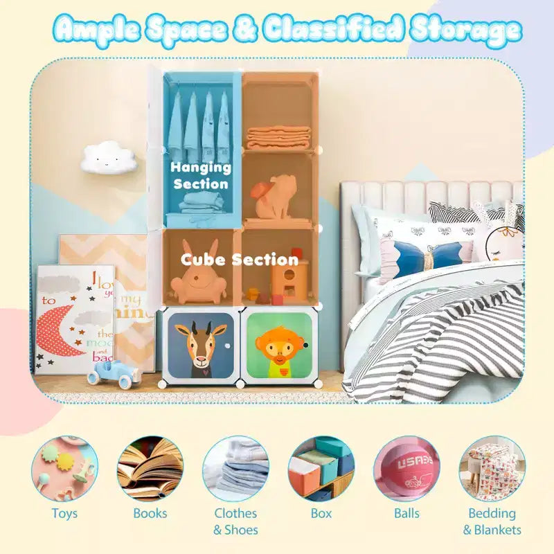 Costway 8-Cube Kids Wardrobe Baby Dresser Bedroom Armoire Clothes Hanging Closet with Doors Blue/Pink/White