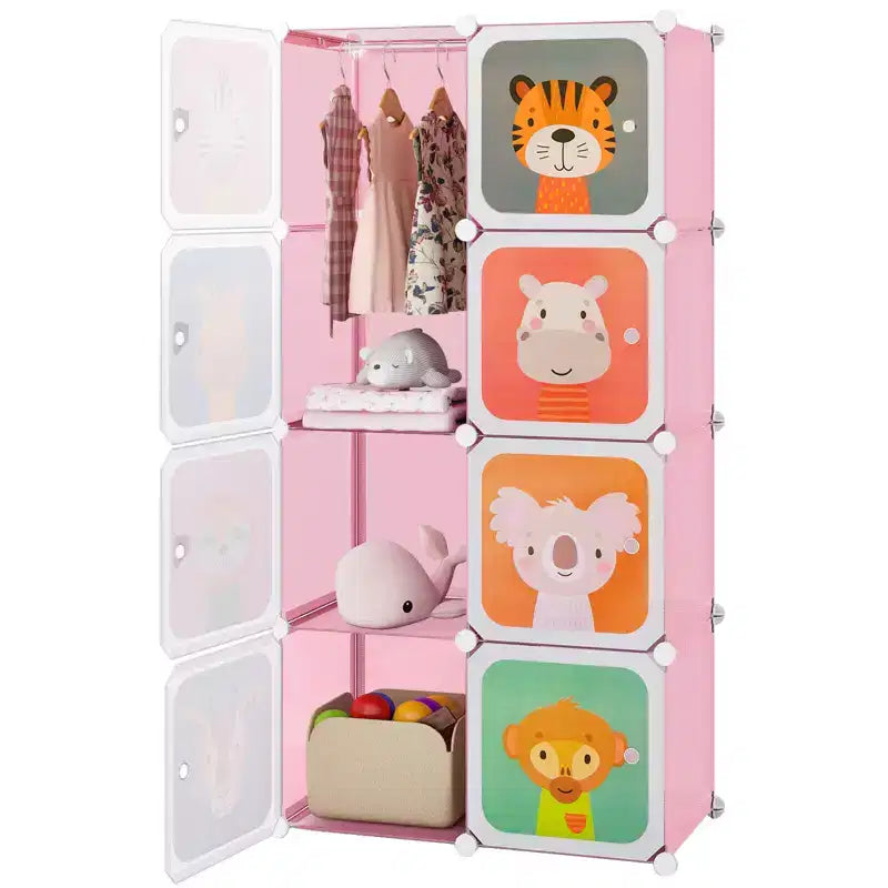 Costway 8-Cube Kids Wardrobe Baby Dresser Bedroom Armoire Clothes Hanging Closet with Doors Blue/Pink/White