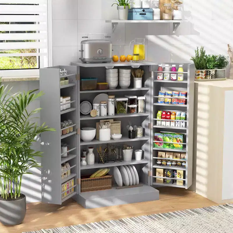 Costway 41 Farmhouse Kitchen Pantry Storage Cabinet withDoors Adjustable Shelves Gray/White