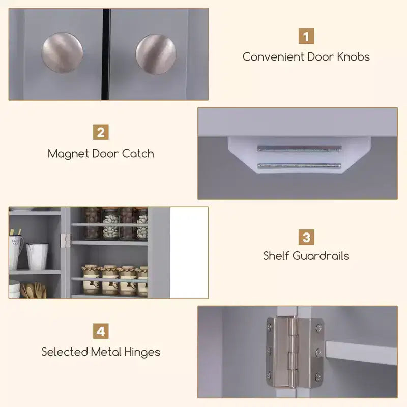 Costway 41 Farmhouse Kitchen Pantry Storage Cabinet withDoors Adjustable Shelves Gray/White