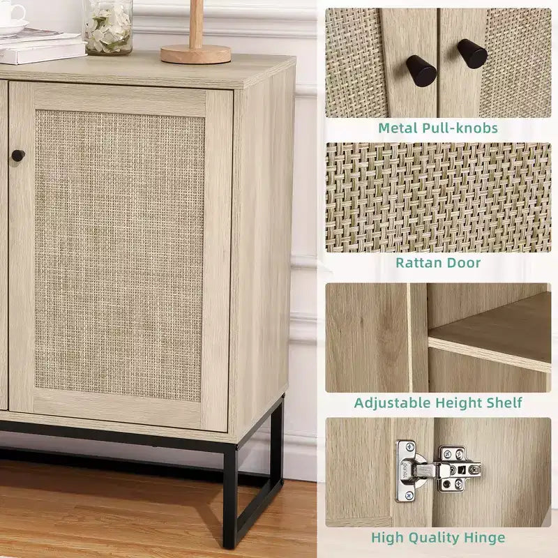 WhizMax Credenza Buffet Mobile Contenitore con Ante in Rattan, Tavolo d'Appoggio per Ingresso, Credenza da Cucina, Consolle, Mobile Contenitore Boho, Naturale