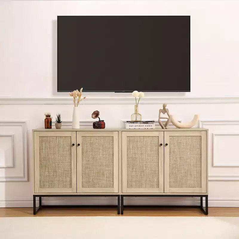 WhizMax Credenza Buffet Mobile Contenitore con Ante in Rattan, Tavolo d'Appoggio per Ingresso, Credenza da Cucina, Consolle, Mobile Contenitore Boho, Naturale