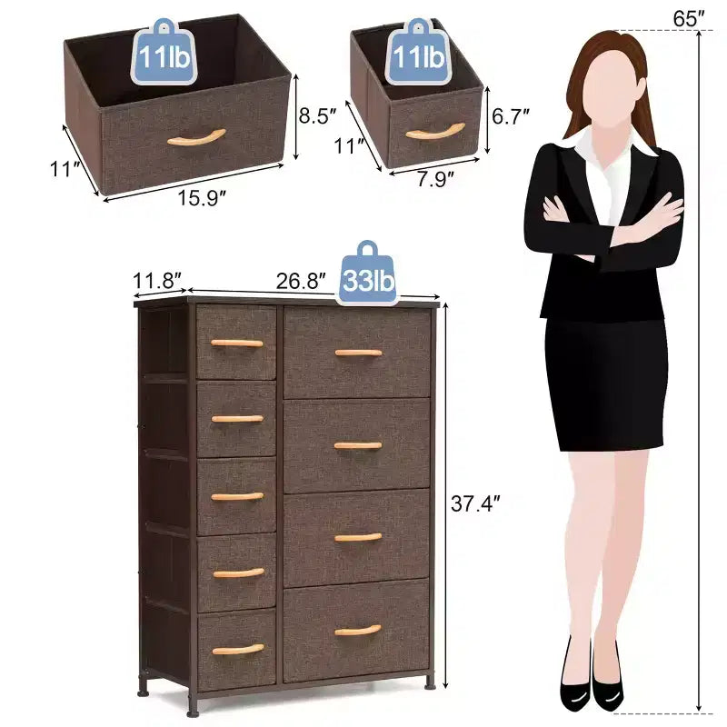 Crestlive Products 9 Drawers Dresser for Bedroom Vertical Dresser Storage Tower with Sturdy Steel Frame Wood Top Easy Pull Fabric Bins Wood Handles