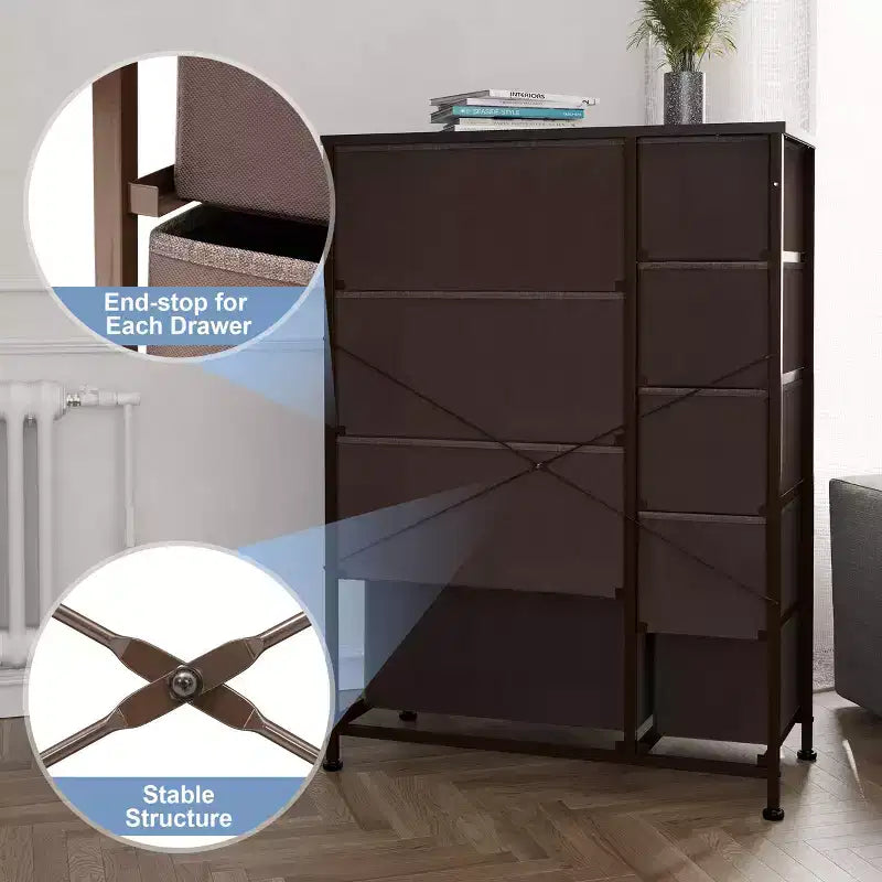 Crestlive Products 9 Drawers Dresser for Bedroom Vertical Dresser Storage Tower with Sturdy Steel Frame Wood Top Easy Pull Fabric Bins Wood Handles