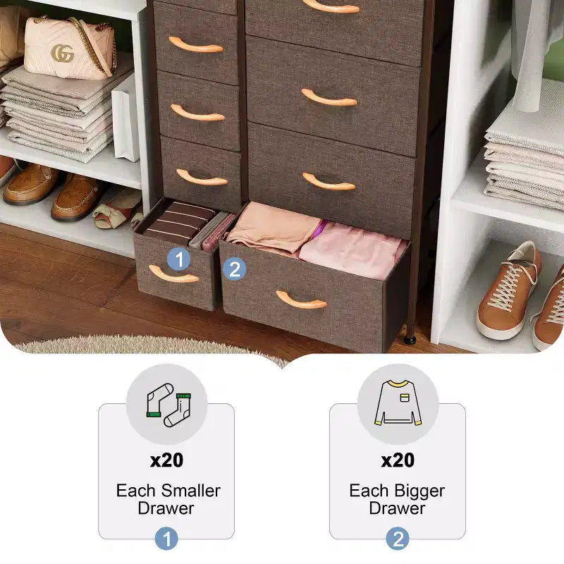 Crestlive Products 9 Drawers Dresser for Bedroom Vertical Dresser Storage Tower with Sturdy Steel Frame Wood Top Easy Pull Fabric Bins Wood Handles