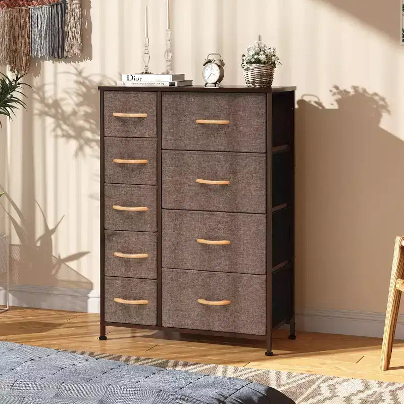 Crestlive Products 9 Drawers Dresser for Bedroom Vertical Dresser Storage Tower with Sturdy Steel Frame Wood Top Easy Pull Fabric Bins Wood Handles