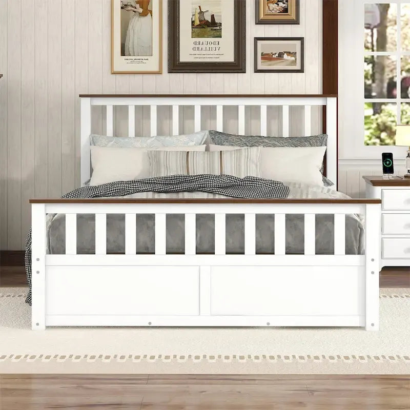 Letto a piattaforma matrimoniale in legno con due cassetti e supporto a doghe in legno, bianco+noce