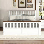 Letto a piattaforma matrimoniale in legno con due cassetti e supporto a doghe in legno, bianco+noce