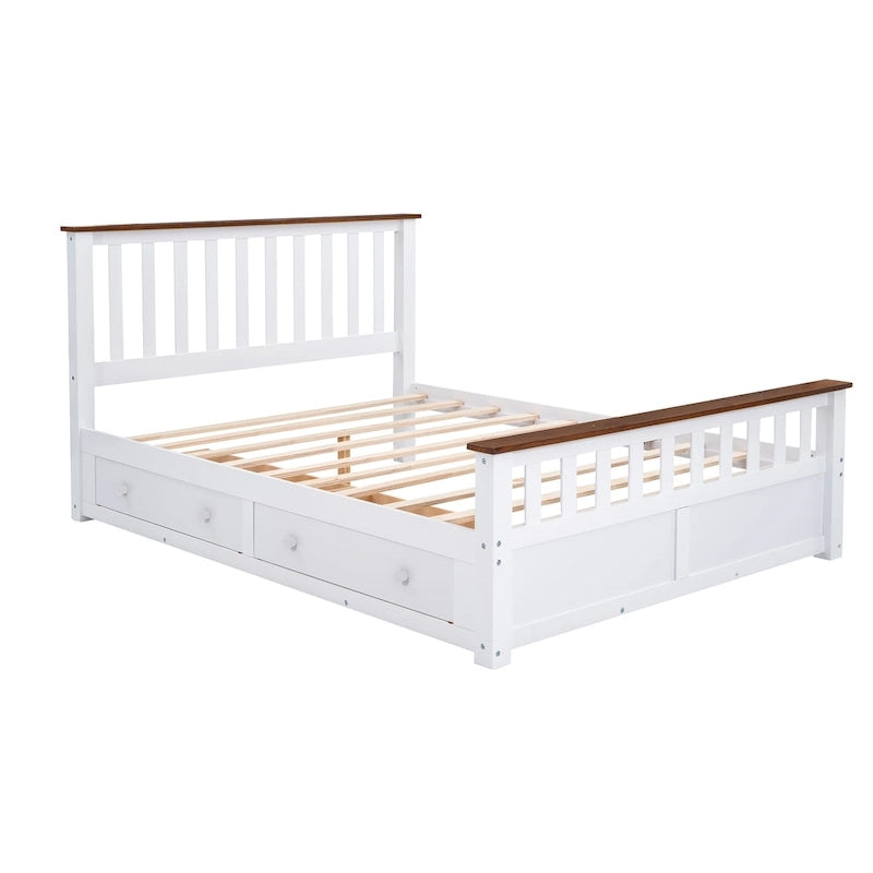 Letto a piattaforma matrimoniale in legno con due cassetti e supporto a doghe in legno, bianco+noce
