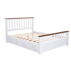 Letto a piattaforma matrimoniale in legno con due cassetti e supporto a doghe in legno, bianco+noce