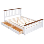 Letto a piattaforma matrimoniale in legno con due cassetti e supporto a doghe in legno, bianco+noce