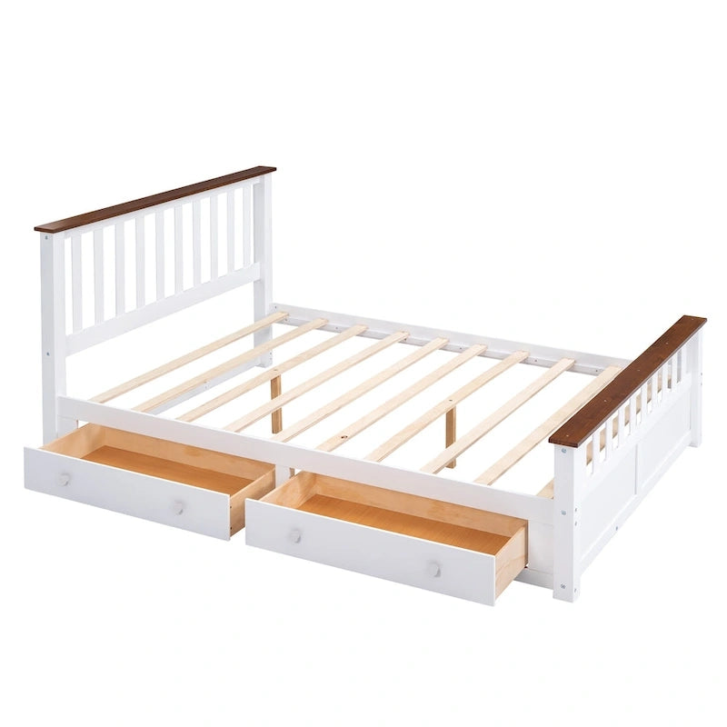 Letto a piattaforma matrimoniale in legno con due cassetti e supporto a doghe in legno, bianco+noce