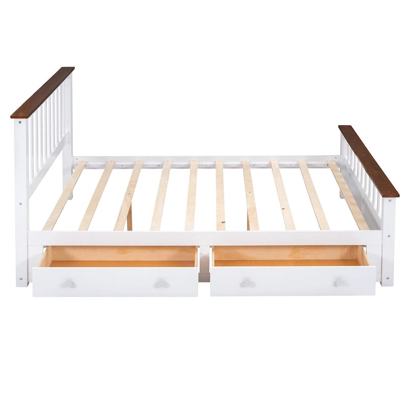 Letto a piattaforma matrimoniale in legno con due cassetti e supporto a doghe in legno, bianco+noce