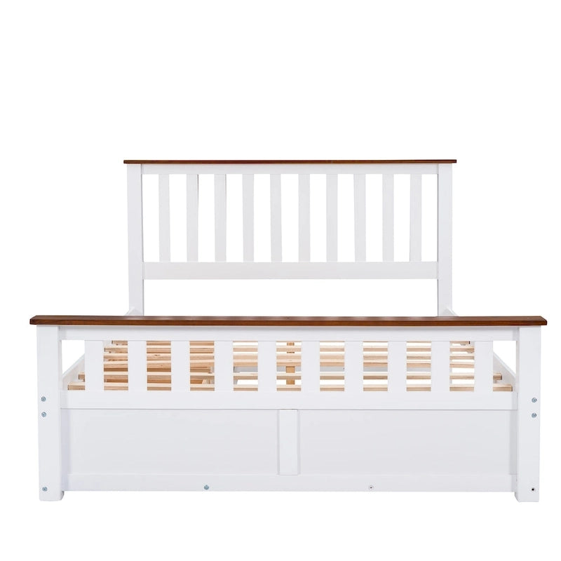 Letto a piattaforma matrimoniale in legno con due cassetti e supporto a doghe in legno, bianco+noce