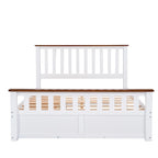 Letto a piattaforma matrimoniale in legno con due cassetti e supporto a doghe in legno, bianco+noce