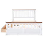 Letto a piattaforma matrimoniale in legno con due cassetti e supporto a doghe in legno, bianco+noce
