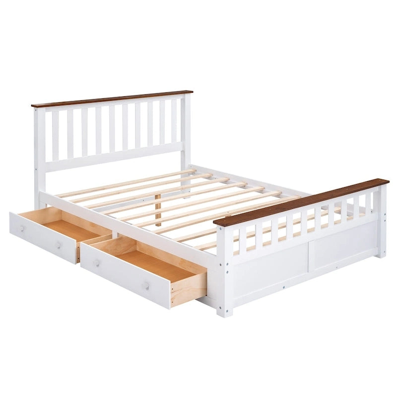 Letto a piattaforma matrimoniale in legno con due cassetti e supporto a doghe in legno, bianco+noce