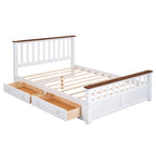Letto a piattaforma matrimoniale in legno con due cassetti e supporto a doghe in legno, bianco+noce