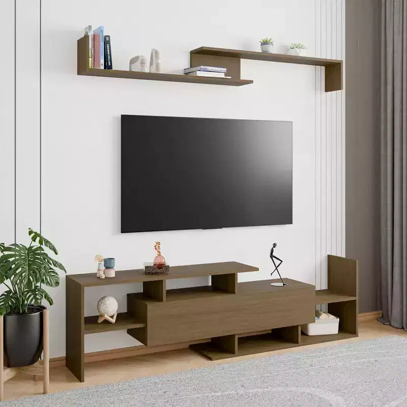 Mobile porta TV LeisureMod con ripiani e libreria in MDF, parte della collezione Surrey. Mobile da intrattenimento moderno per soggiorno, appartamento o ufficio