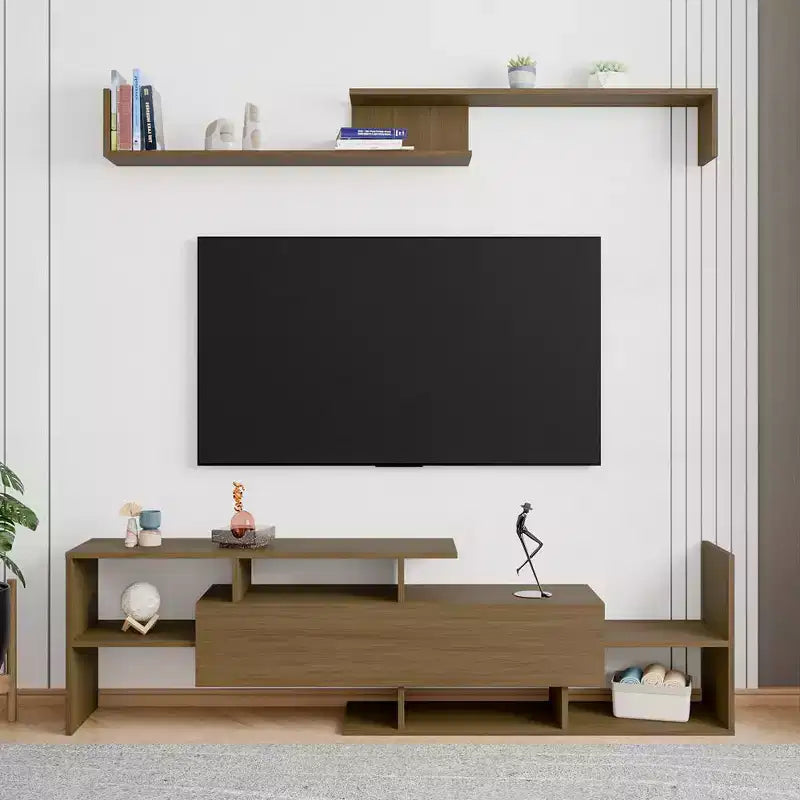 Mobile porta TV LeisureMod con ripiani e libreria in MDF, parte della collezione Surrey. Mobile da intrattenimento moderno per soggiorno, appartamento o ufficio
