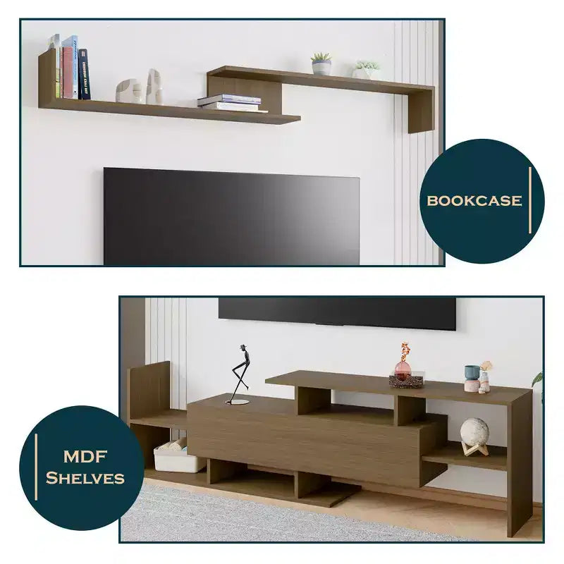 Mobile porta TV LeisureMod con ripiani e libreria in MDF, parte della collezione Surrey. Mobile da intrattenimento moderno per soggiorno, appartamento o ufficio