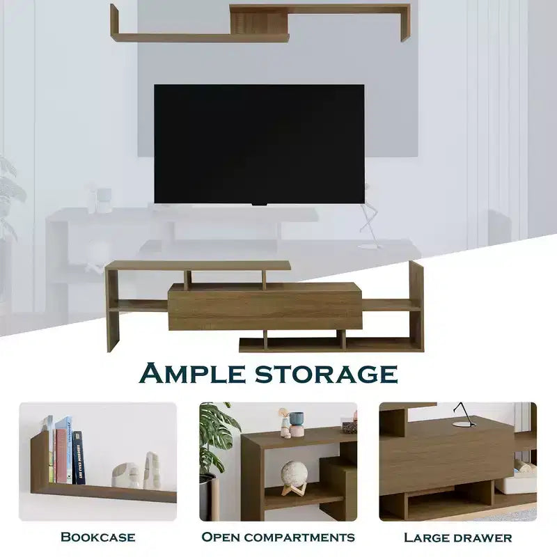 Mobile porta TV LeisureMod con ripiani e libreria in MDF, parte della collezione Surrey. Mobile da intrattenimento moderno per soggiorno, appartamento o ufficio