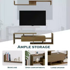 Mobile porta TV LeisureMod con ripiani e libreria in MDF, parte della collezione Surrey. Mobile da intrattenimento moderno per soggiorno, appartamento o ufficio