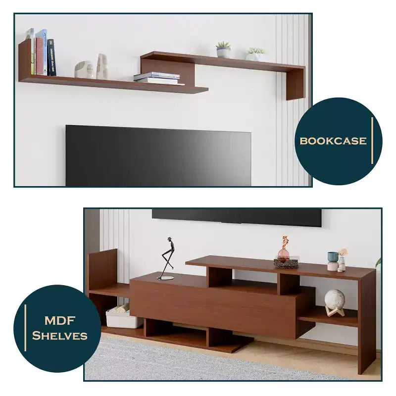 Mobile porta TV LeisureMod con ripiani e libreria in MDF, parte della collezione Surrey. Mobile da intrattenimento moderno per soggiorno, appartamento o ufficio
