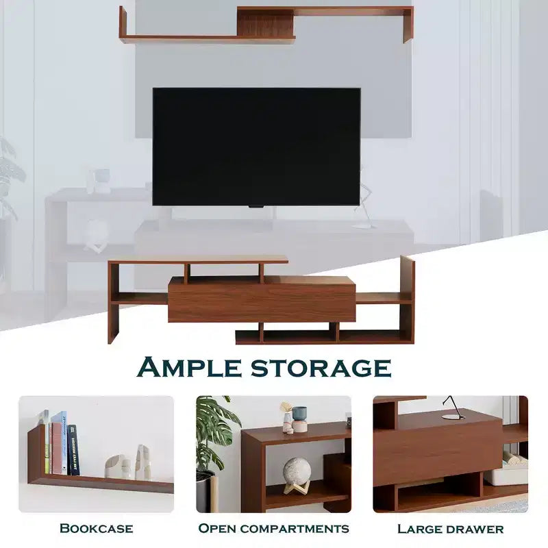 Mobile porta TV LeisureMod con ripiani e libreria in MDF, parte della collezione Surrey. Mobile da intrattenimento moderno per soggiorno, appartamento o ufficio