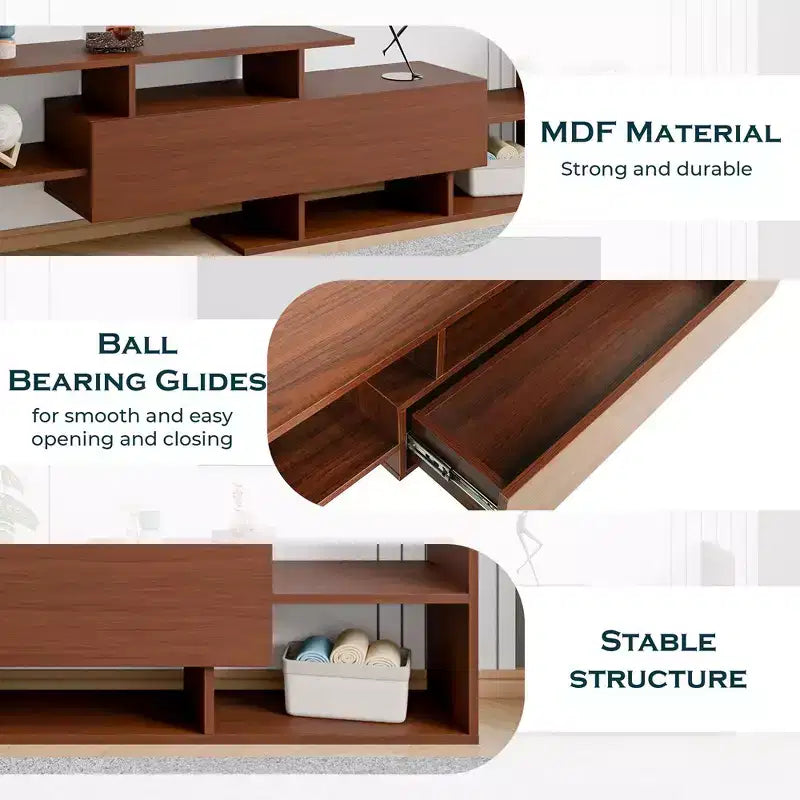 Mobile porta TV LeisureMod con ripiani e libreria in MDF, parte della collezione Surrey. Mobile da intrattenimento moderno per soggiorno, appartamento o ufficio