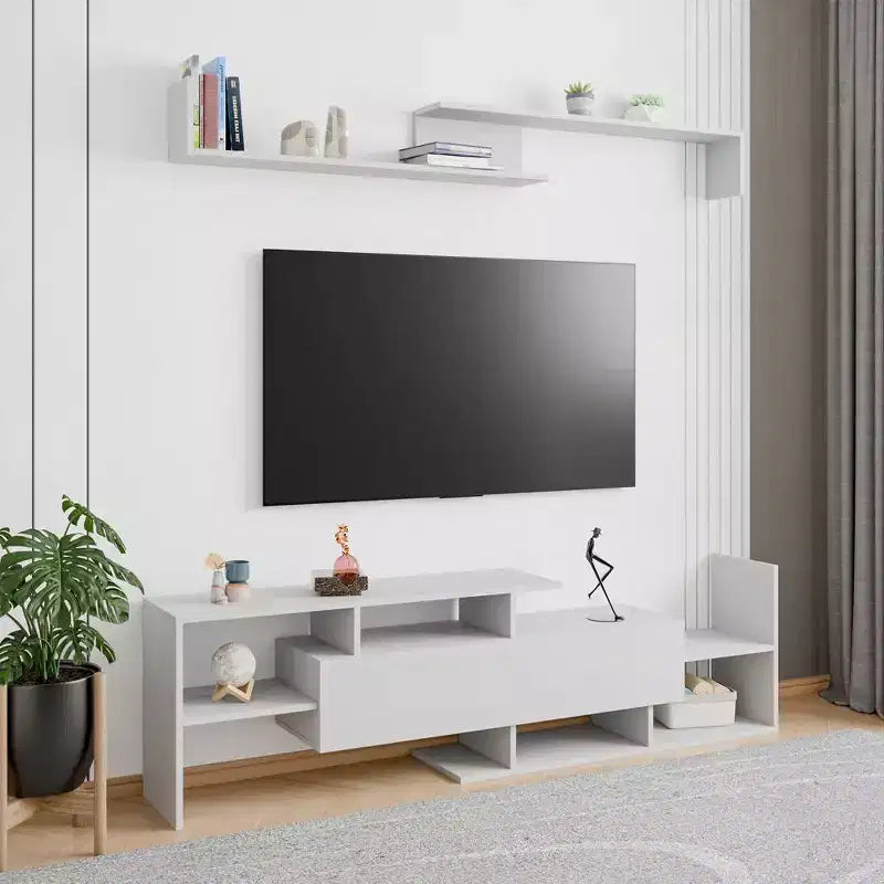 Mobile porta TV LeisureMod con ripiani e libreria in MDF, parte della collezione Surrey. Mobile da intrattenimento moderno per soggiorno, appartamento o ufficio